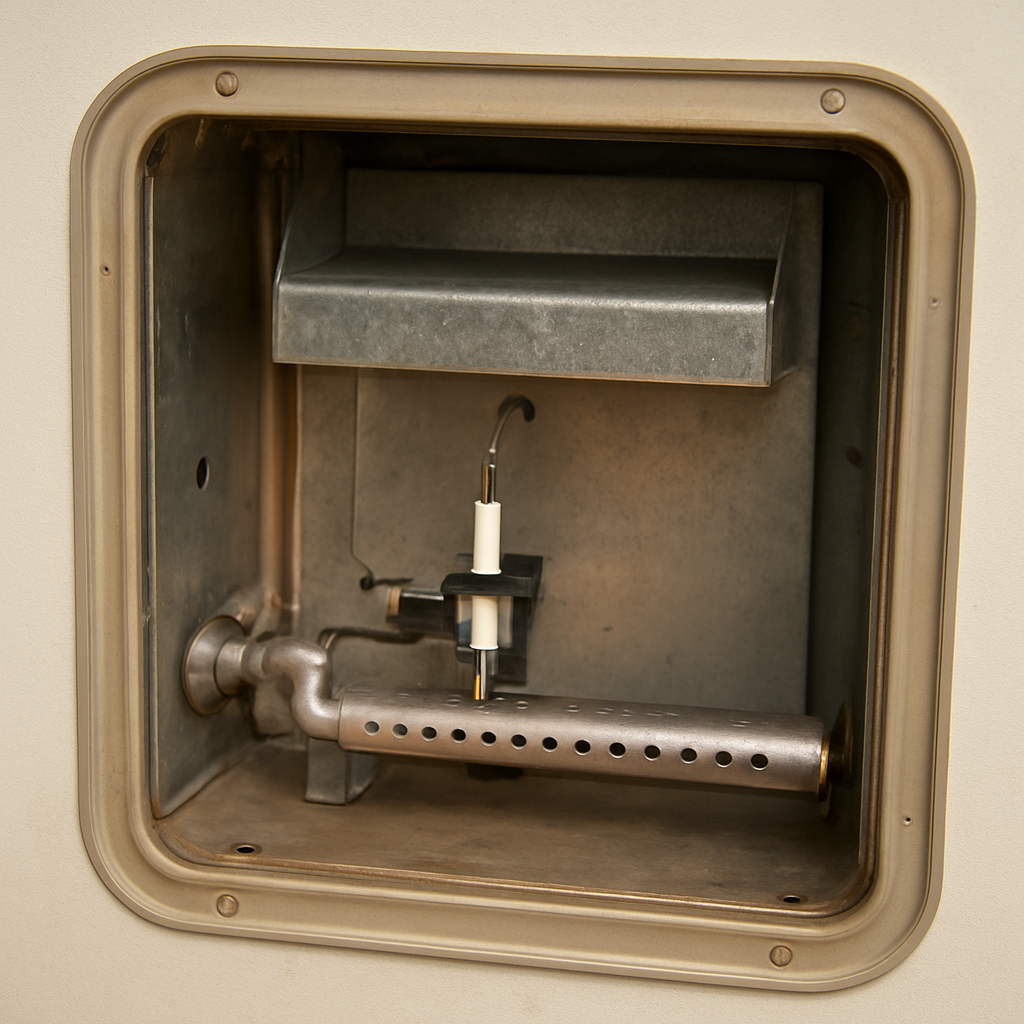 RV LP furnace access panel removed showing interior burner assembly and ignitor electrode inside a Suburban forced-air furnace — documented during a pre-season furnace service call — Boss Bull Mobile RV Services
