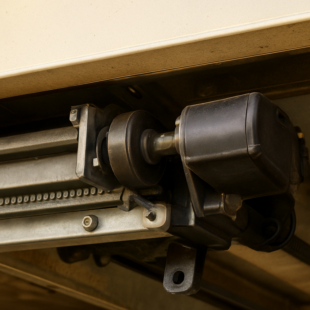 RV slide-out room mechanism showing the slide track, roller assembly, and electric motor housing at the base of the slide opening — slide-out system service documentation — Boss Bull Mobile RV Services