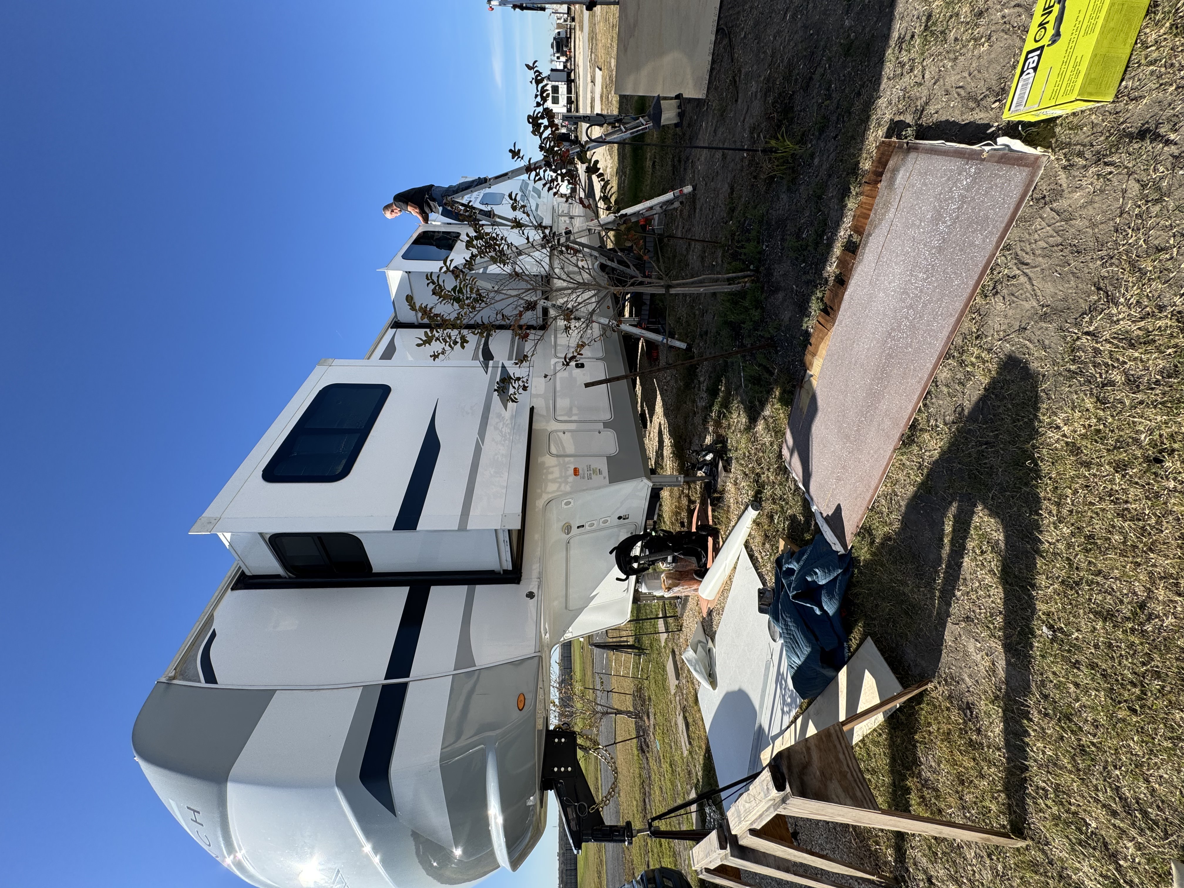 RV slide room roof replacement project overview — larger scope work staged at a Leander property without moving the coach