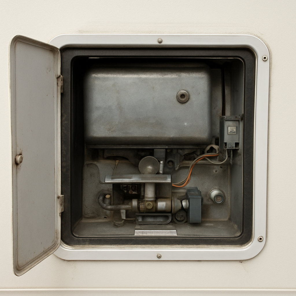 Suburban RV water heater with exterior access door open during a service visit, showing the tank body, burner assembly, DSI igniter, and anode rod port — Boss Bull Mobile RV Services